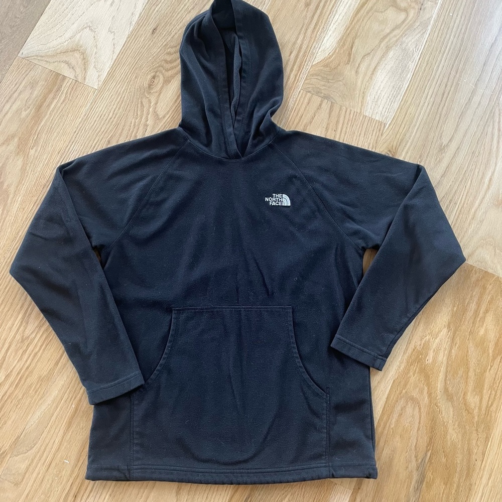 The North Face Fleece Hoodie with front pockets.  Boys size large.  Black.